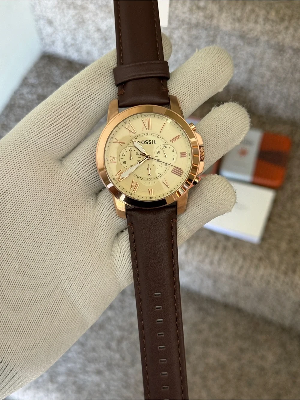 Fossil Rose Gold and Brown Leather Chronograph Watch Mens